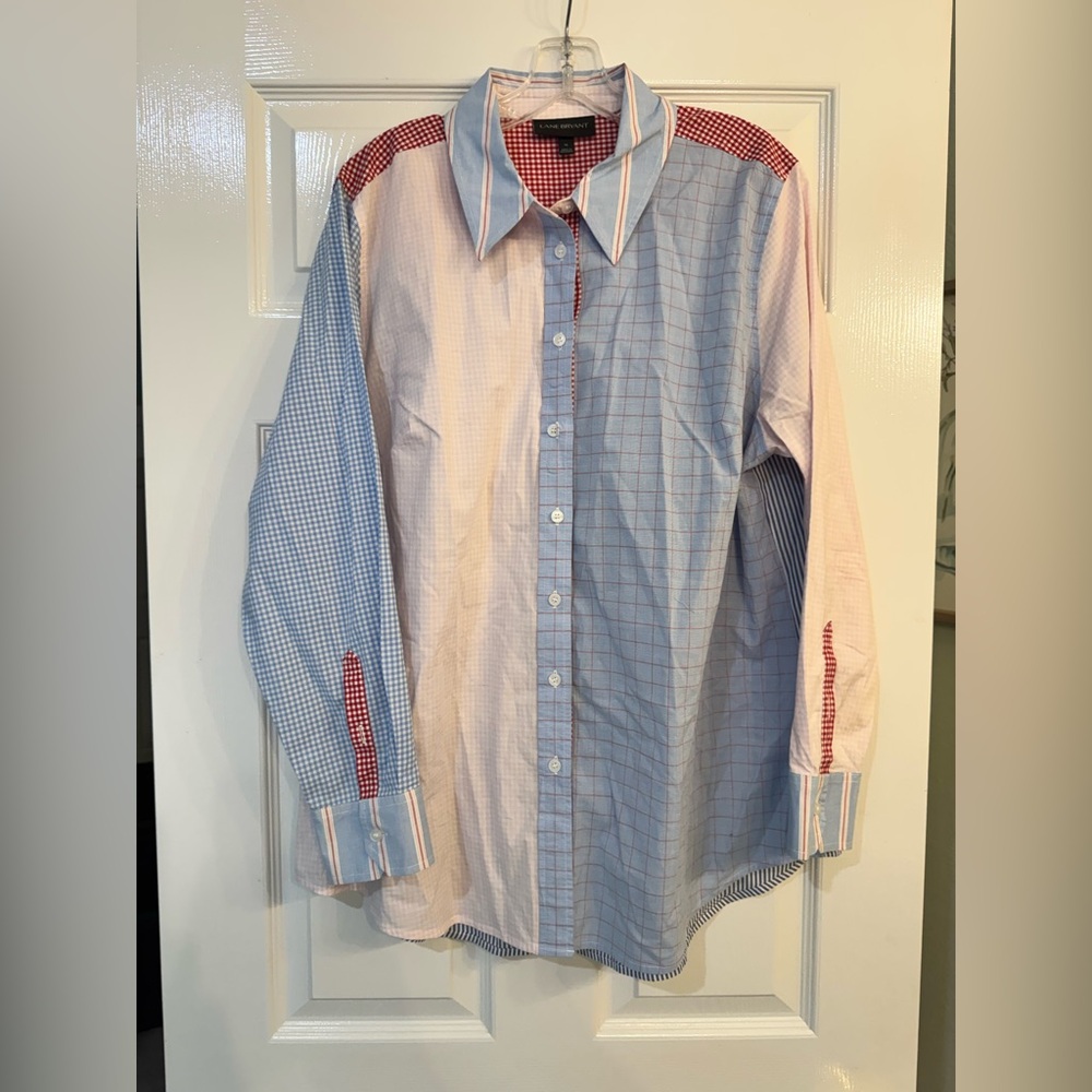 Lane Bryant Blue & Pink Colorblock Gingham Button-Down Shirt